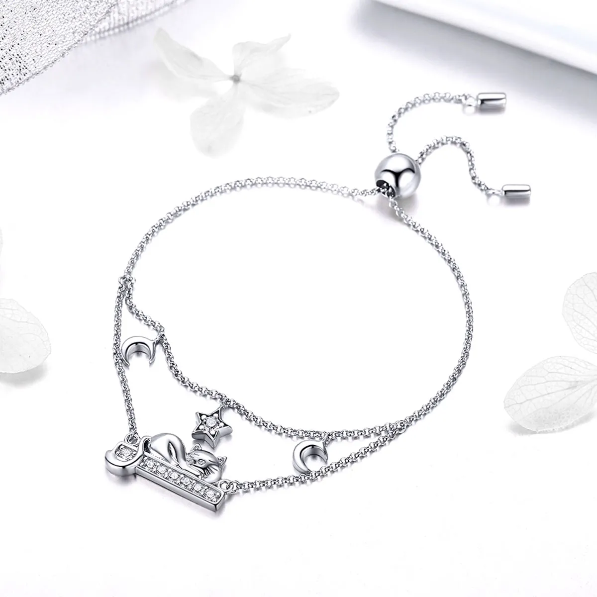 Pandora Style Silver Happy Kitty Chain Slider Bracelet - SCB129