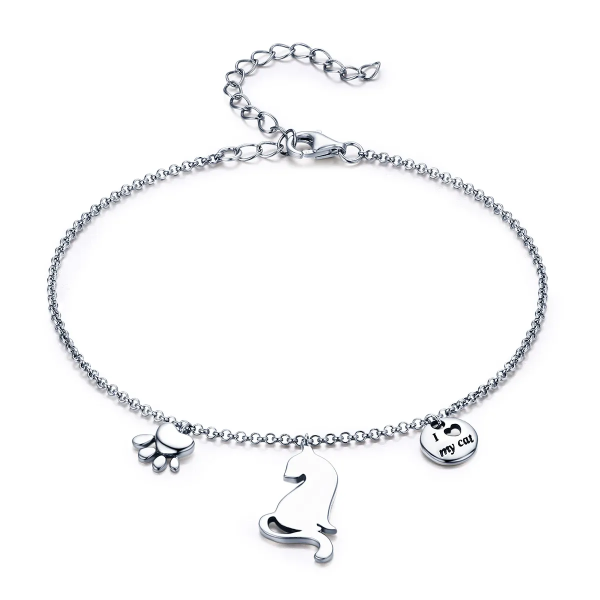 Pandora Style Silver I Love Cat Finished Chain Slider Bracelet - SCB070