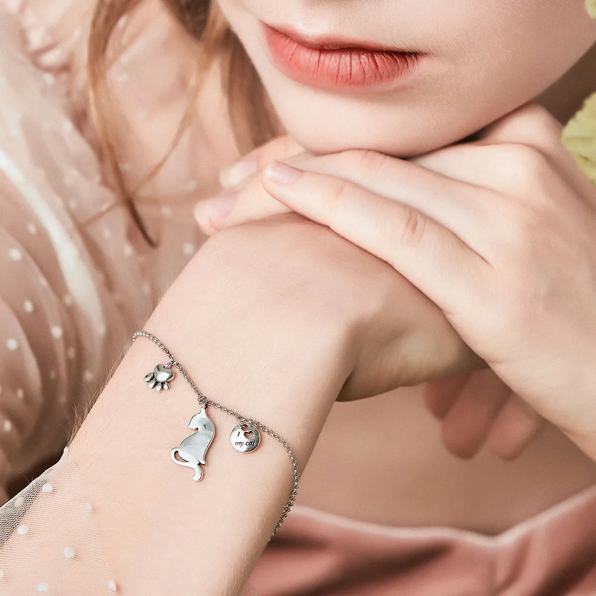 Pandora Style Silver I Love Cat Finished Chain Slider Bracelet - SCB070