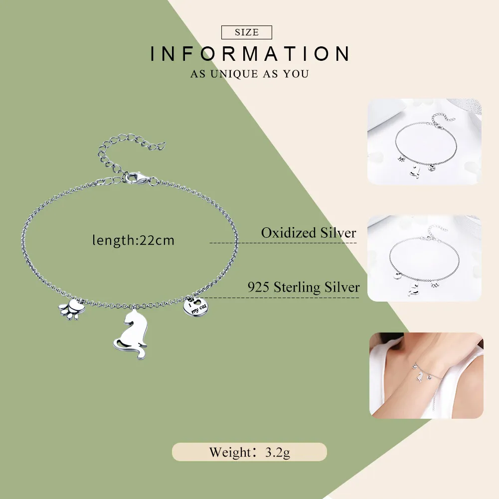 Pandora Style Silver I Love Cat Finished Chain Slider Bracelet - SCB070