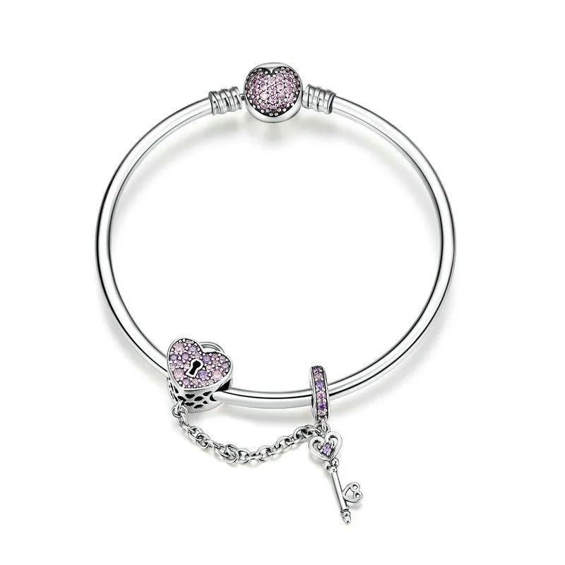 Pandora Style Silver Pink Key and Pave Heart Lock Bangle - SCB820