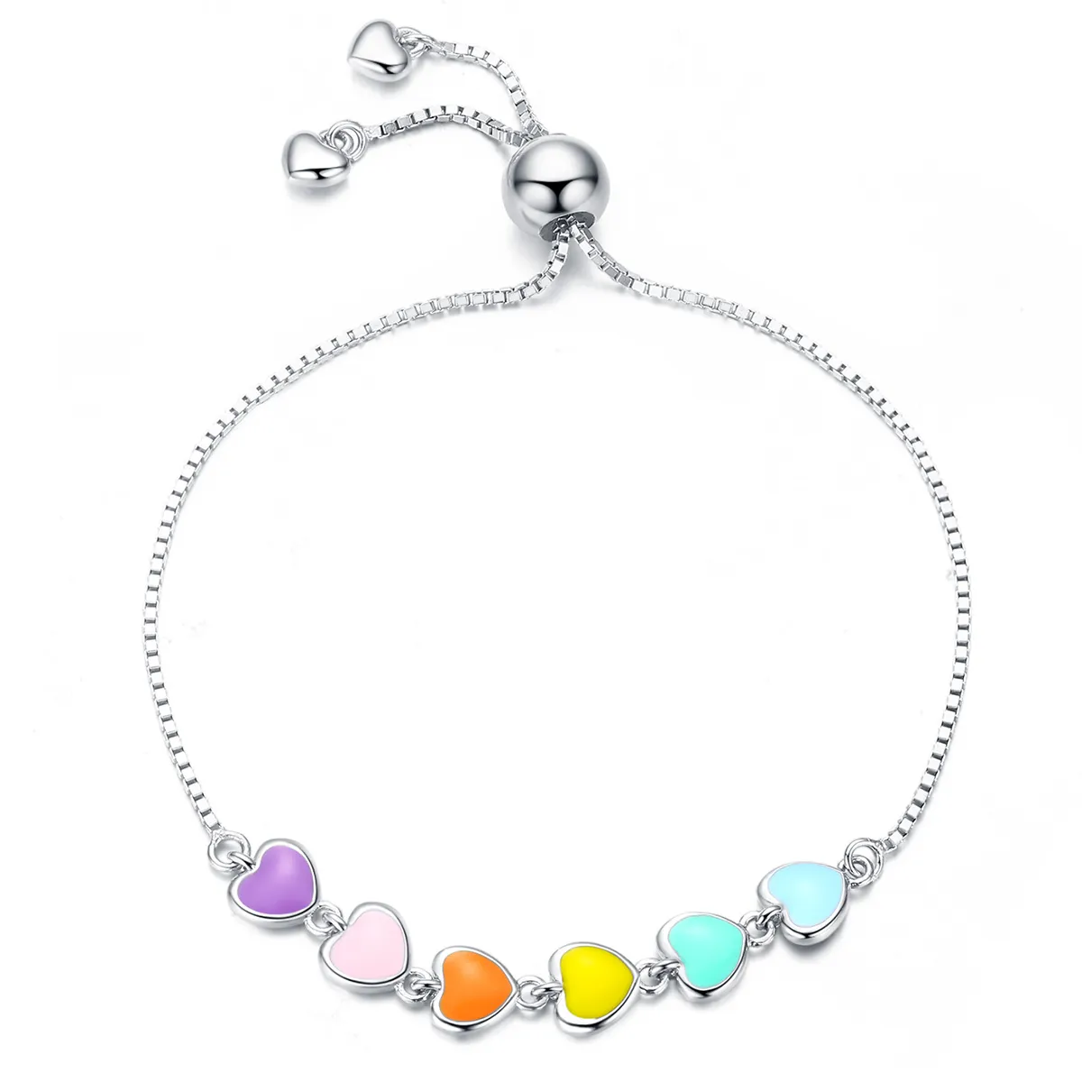 Pandora Style Silver Rainbow Hearts Chain Slider Bracelet - SCB158