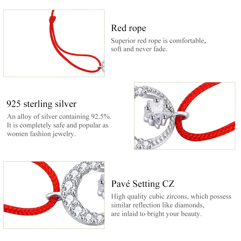 Red Rope with Silver Star In Moonlight E Clasp Bracelet - SCB177