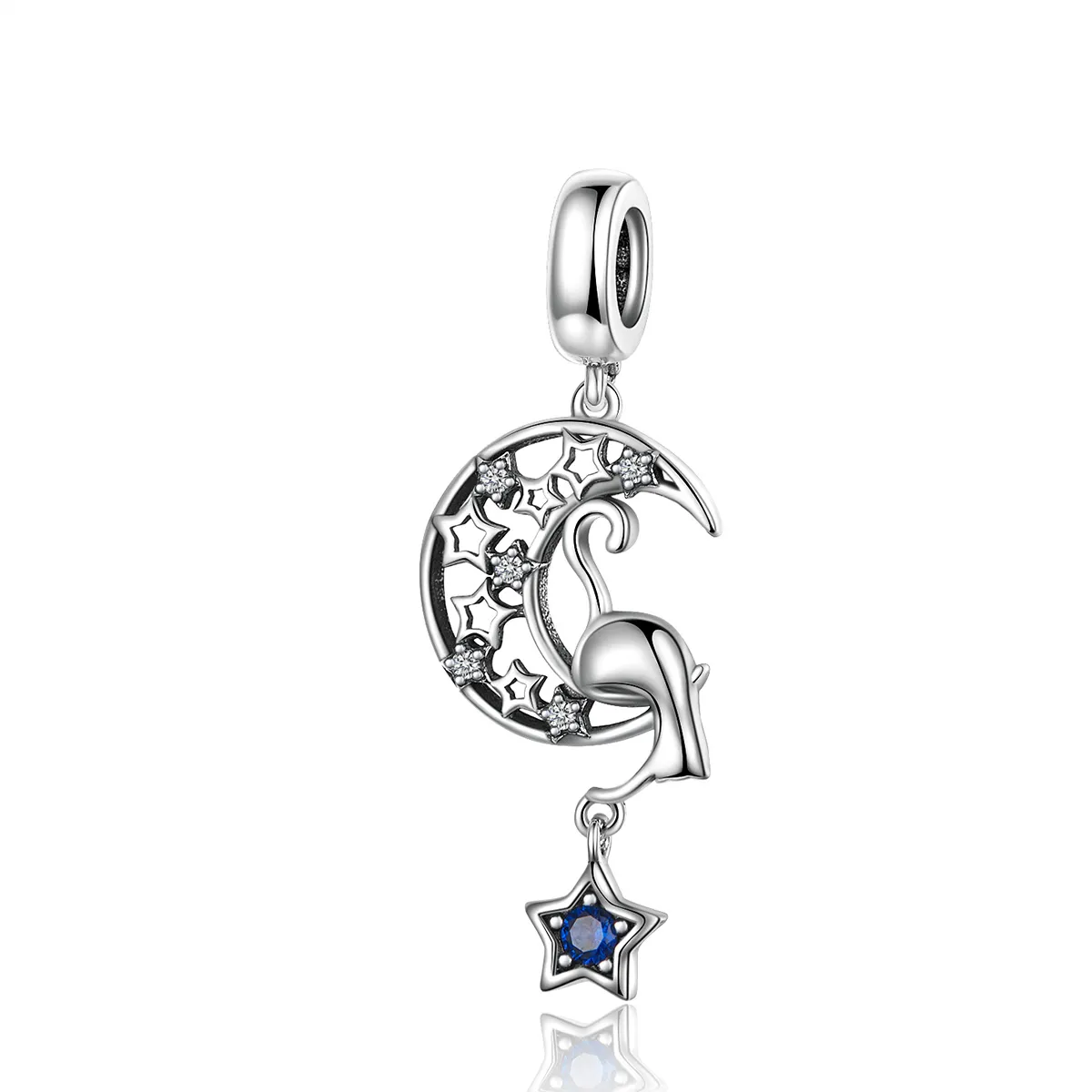Pandora Style Silver Cat Play with Stars Dangle Charm - SCC1205