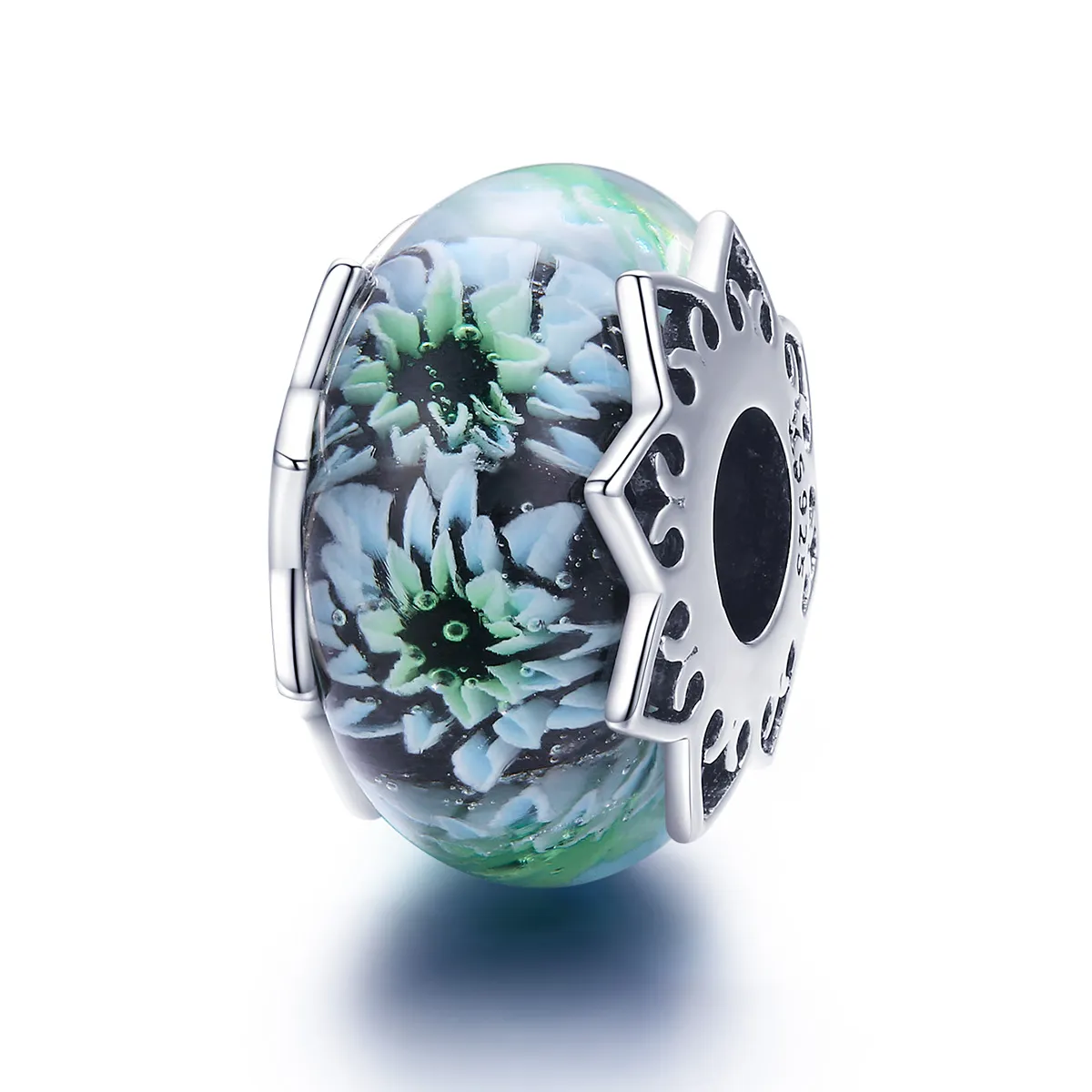 Pandora Style Silver Cyan Chrysanthemum Glass Murano Charm - SCC1011