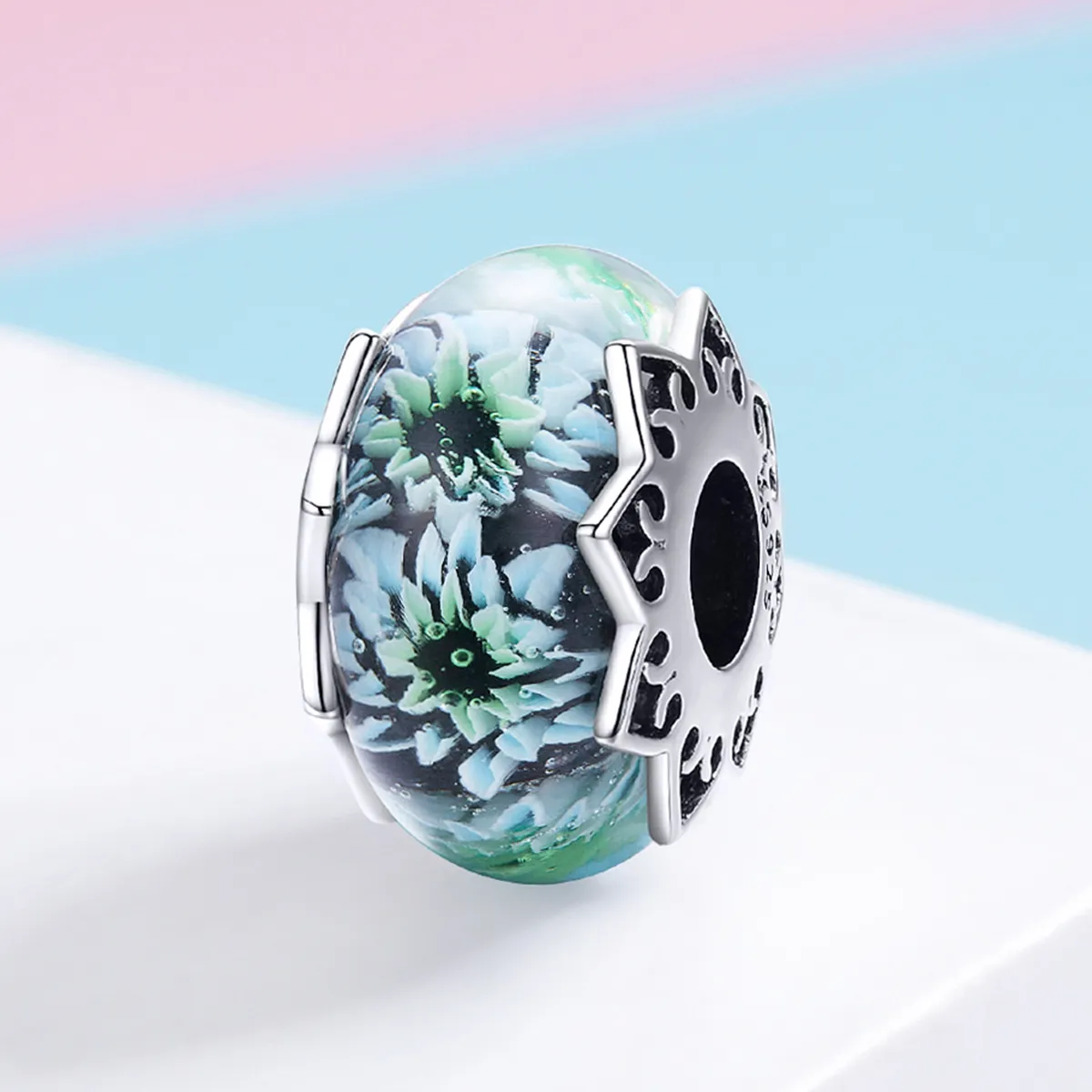 Pandora Style Silver Cyan Chrysanthemum Glass Murano Charm - SCC1011