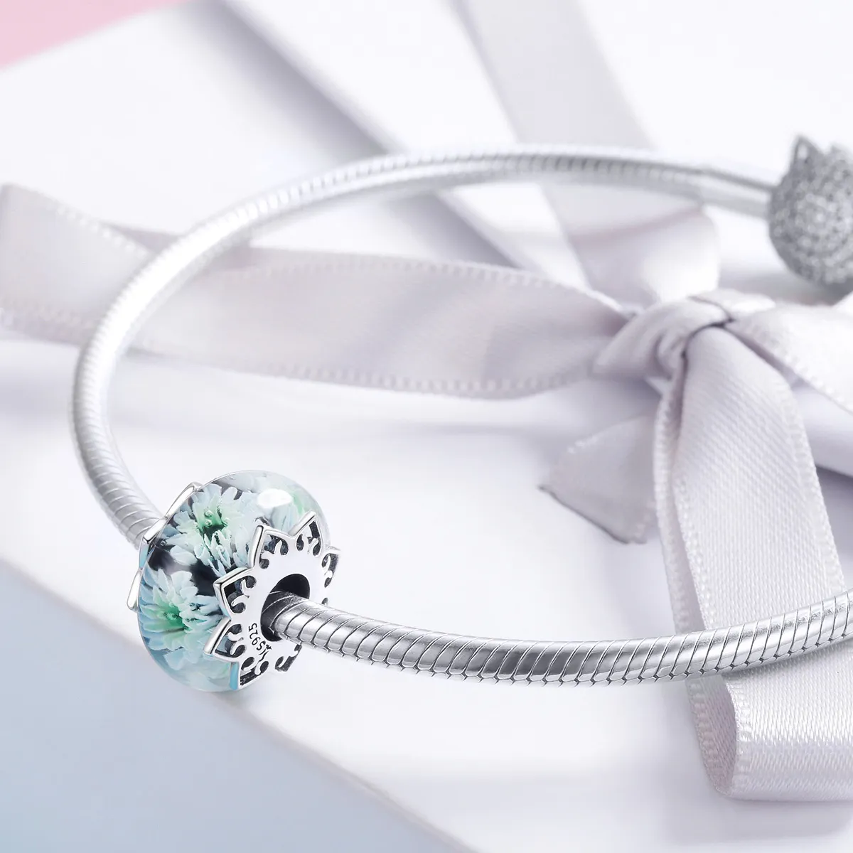Pandora Style Silver Cyan Chrysanthemum Glass Murano Charm - SCC1011