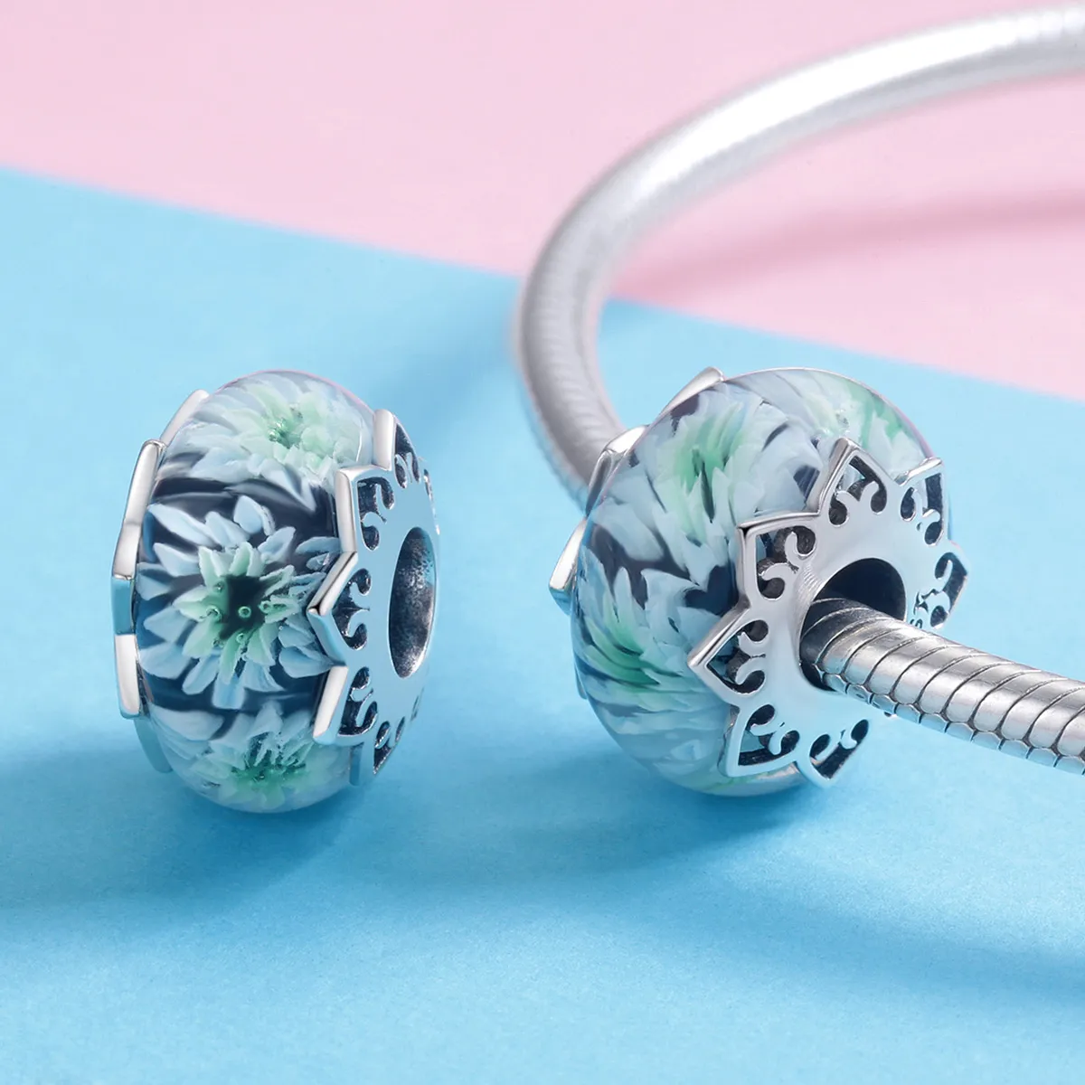 Pandora Style Silver Cyan Chrysanthemum Glass Murano Charm - SCC1011