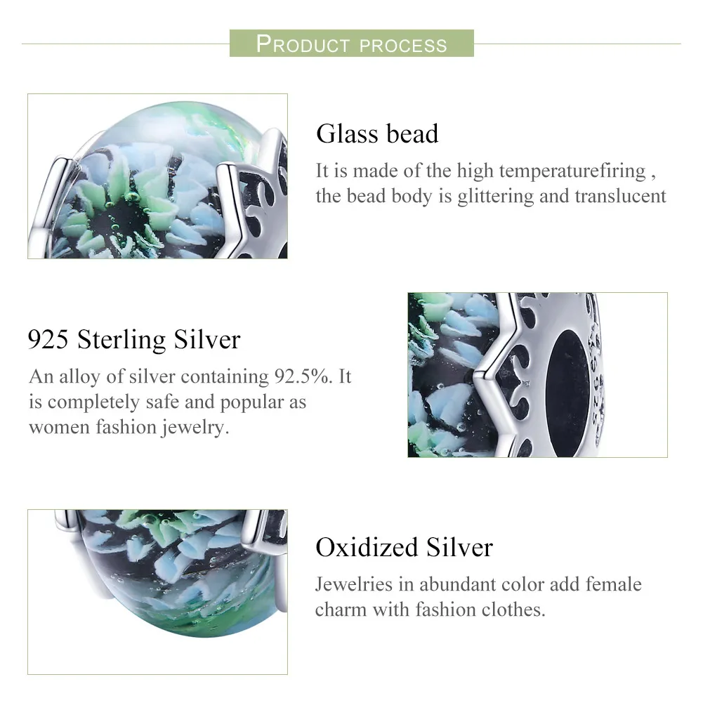 Pandora Style Silver Cyan Chrysanthemum Glass Murano Charm - SCC1011