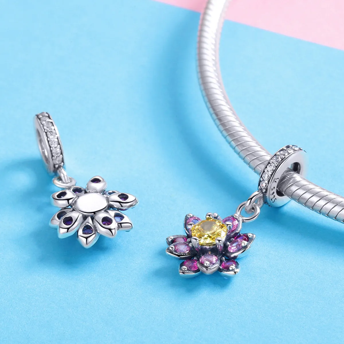 Pandora Style Silver Flower Colors Dangle - SCC1009