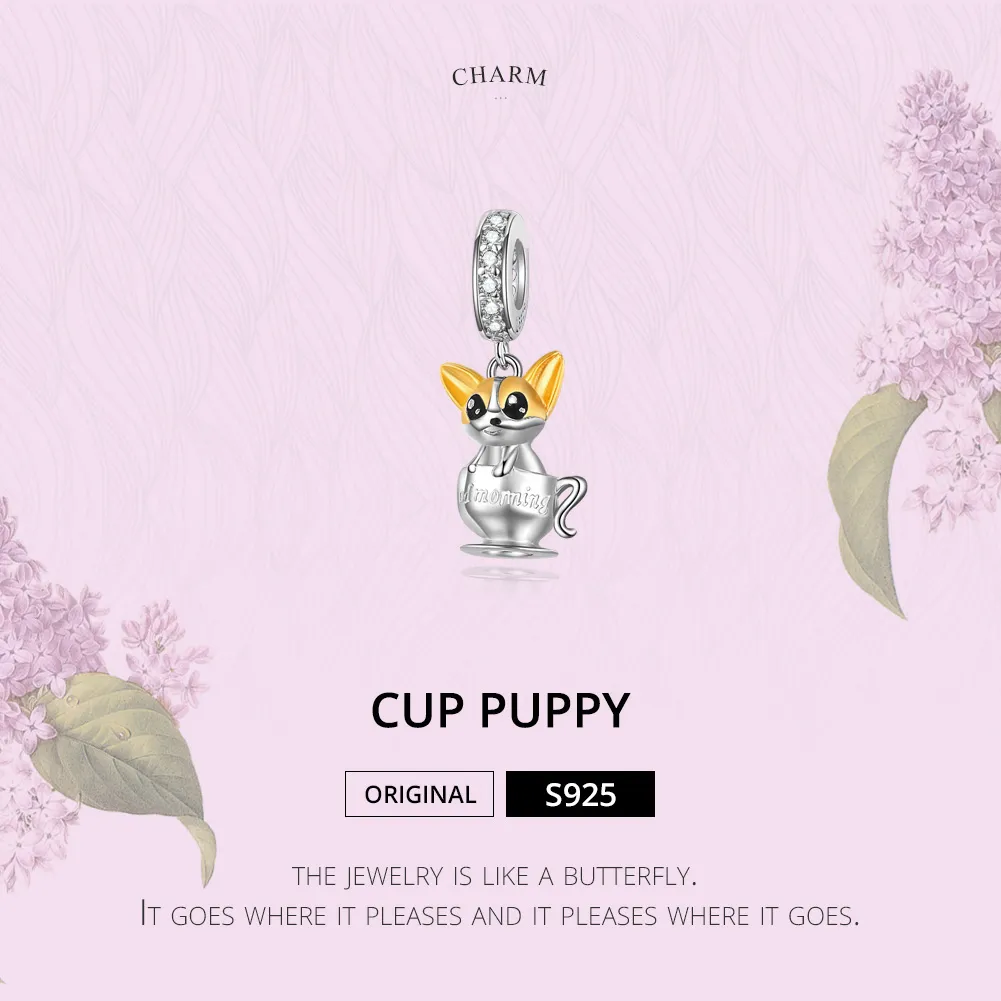 Pandora Style Silver & Gold-Plated Cup Puppy Dangle - SCC1214