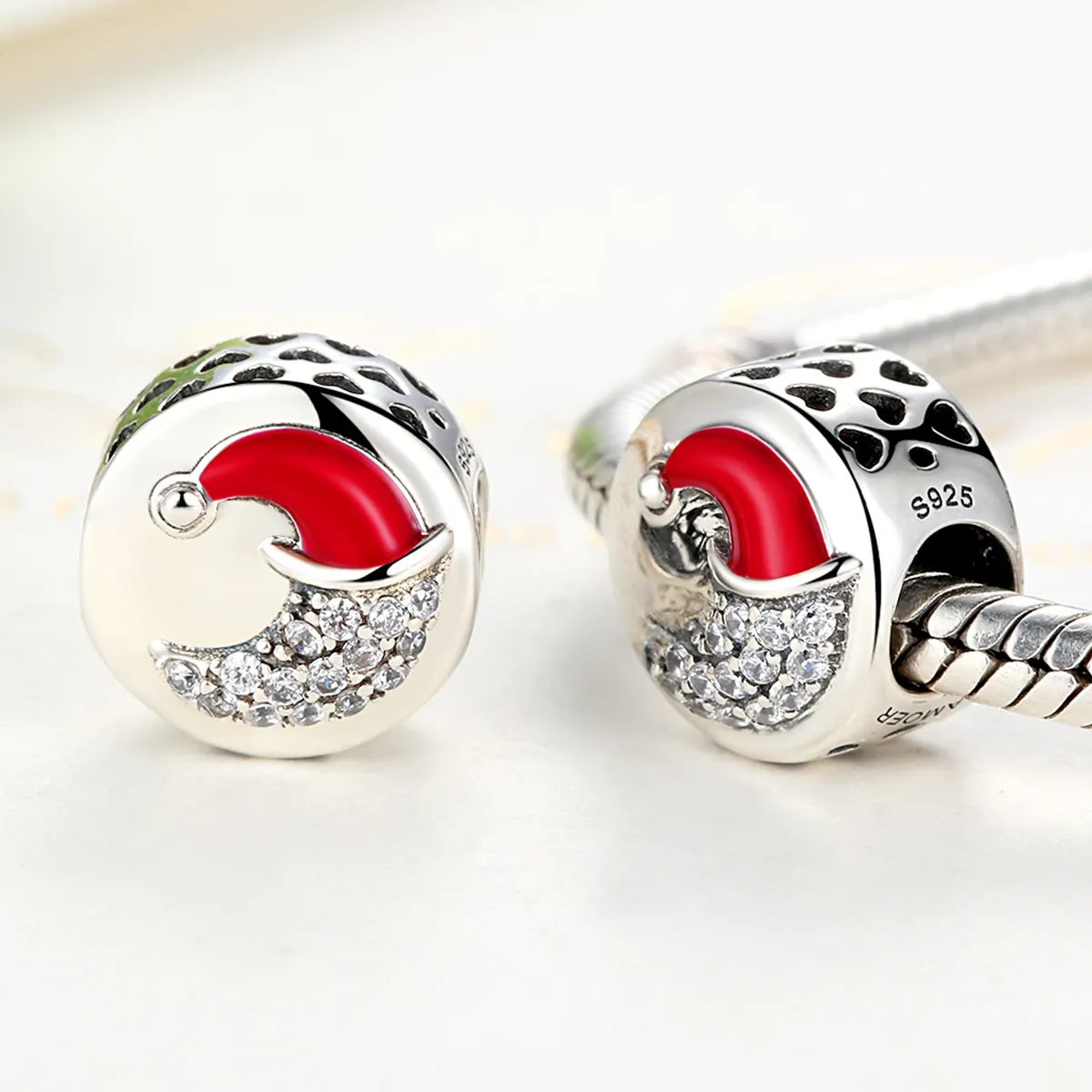 Pandora Style Silver Moon with Christmas Hat Charm - SCC067