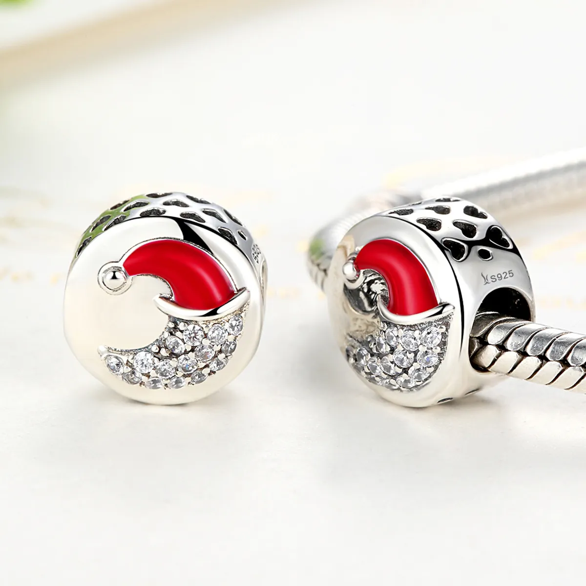 Pandora Style Silver Moon with Christmas Hat Charm - SCC067