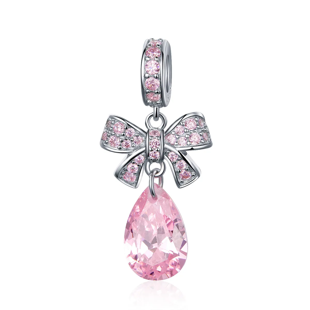 Pandora Style Silver Pink Bow Dangle Charm - SCC1074