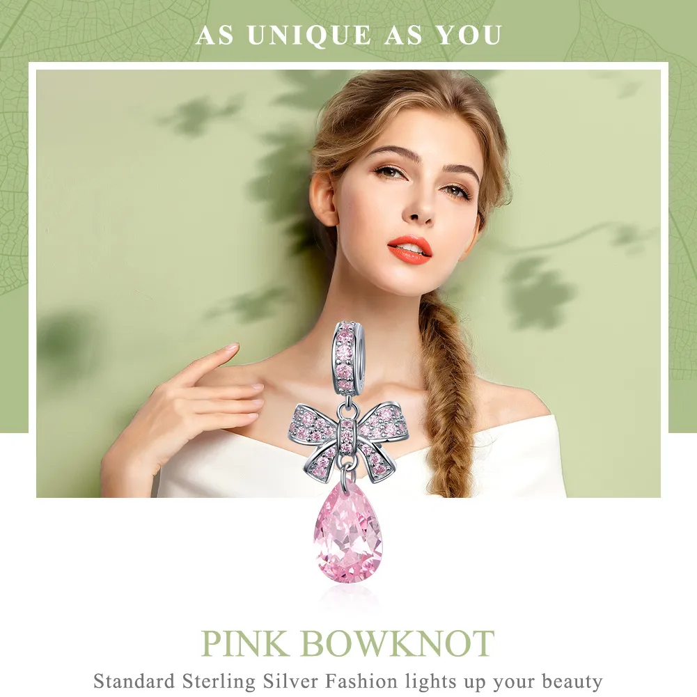 Pandora Style Silver Pink Bow Dangle Charm - SCC1074
