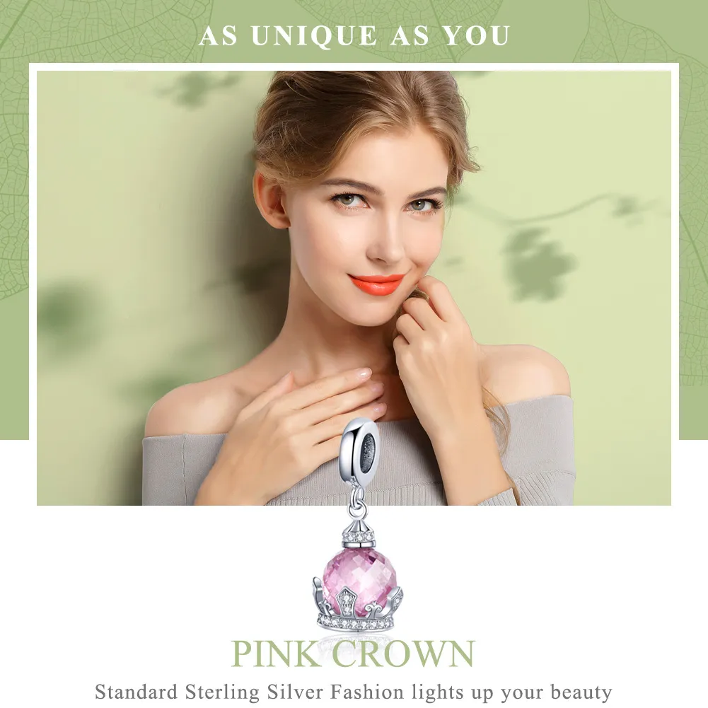 Pandora Style Silver Pink Crown Dangle Charm - SCC1132