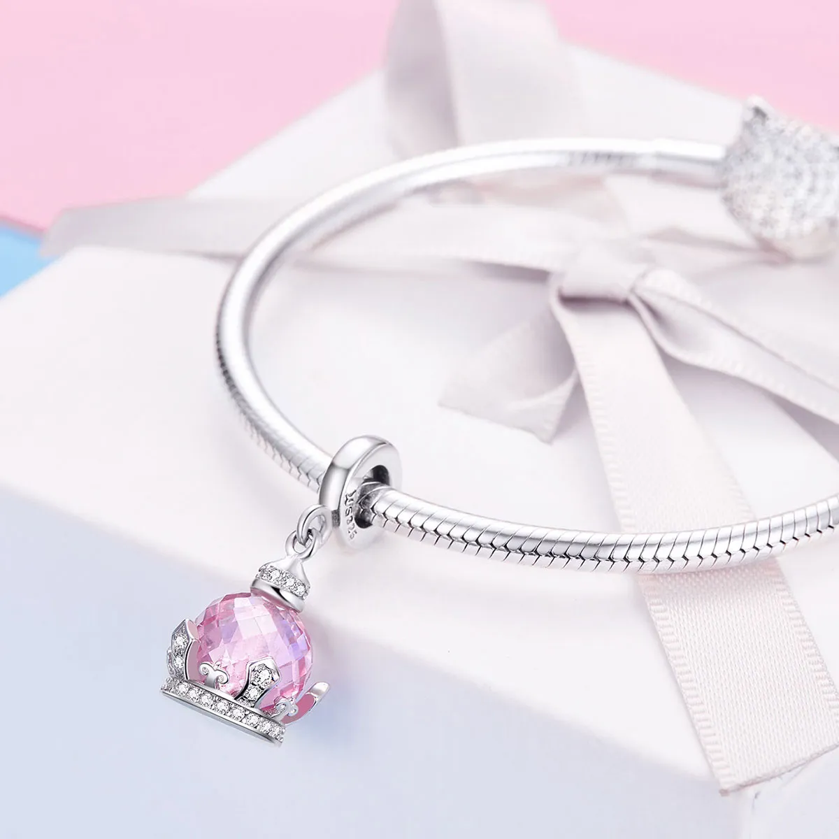 Pandora Style Silver Pink Crown Dangle Charm - SCC1132