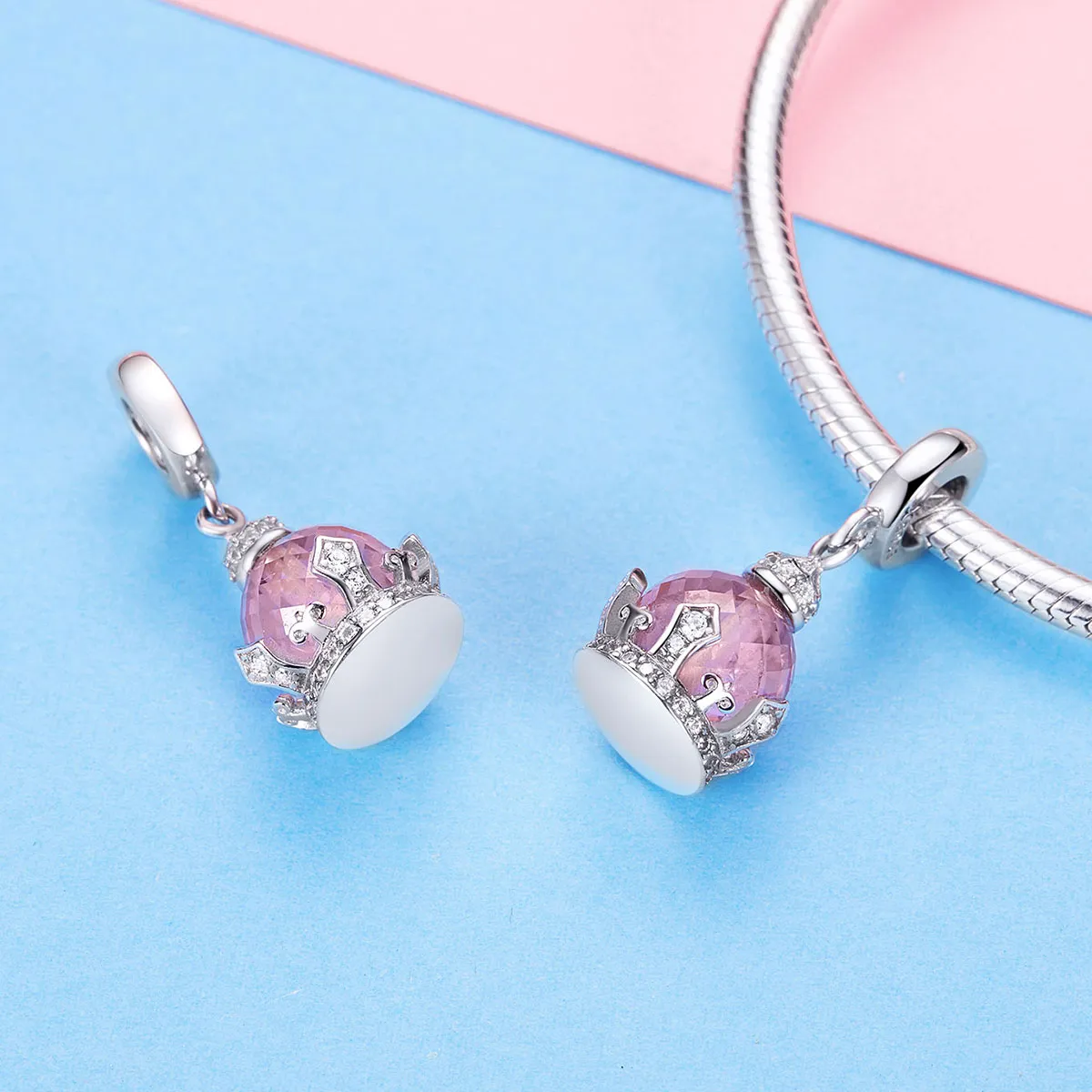 Pandora Style Silver Pink Crown Dangle Charm - SCC1132