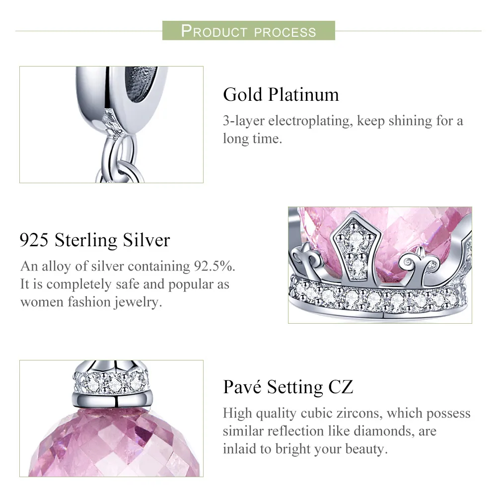 Pandora Style Silver Pink Crown Dangle Charm - SCC1132