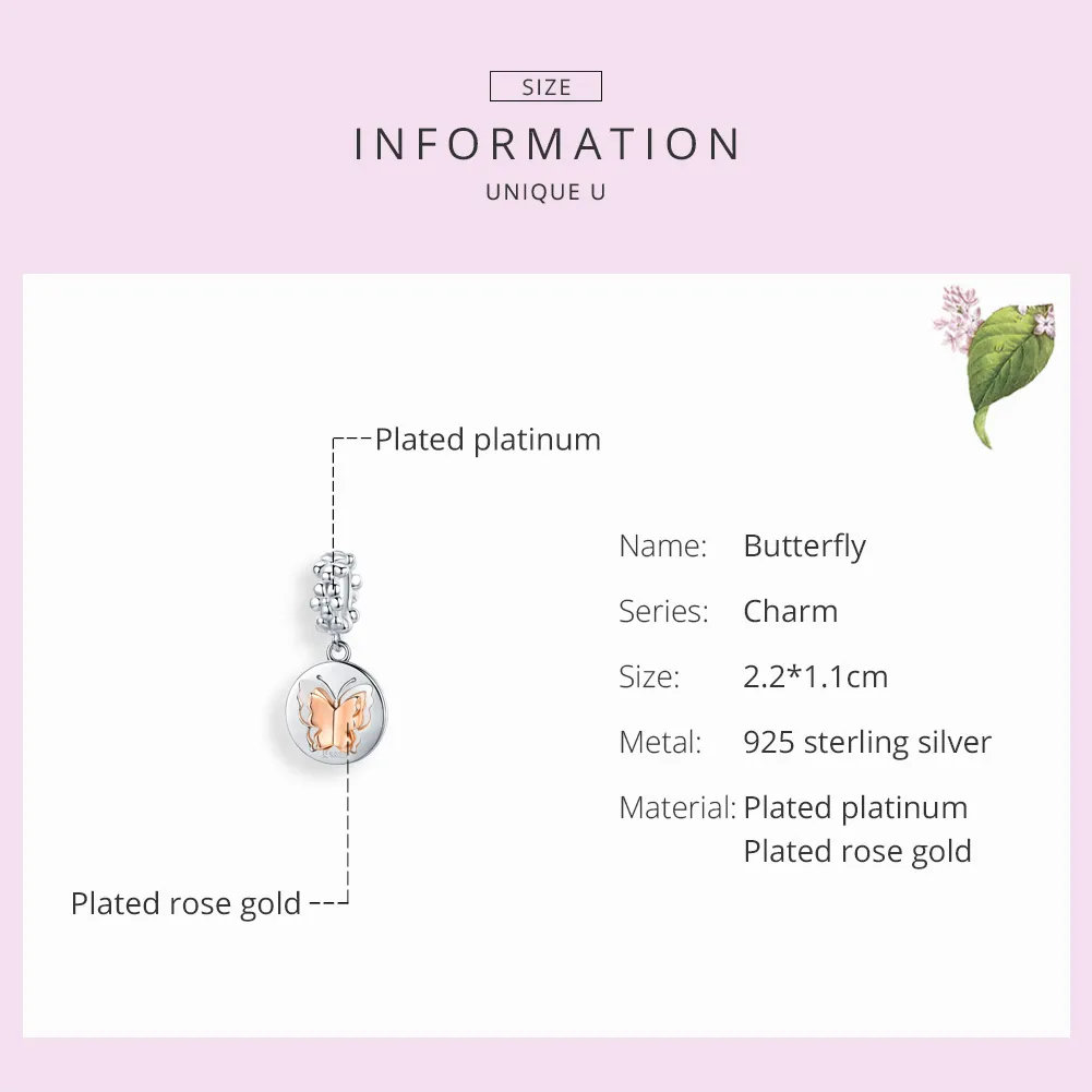 Pandora Style Silver & Rose Gold Butterfly Dangle - SCC1250