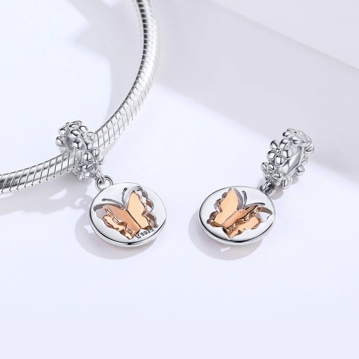 Pandora Style Silver & Rose Gold Butterfly Dangle - SCC1250