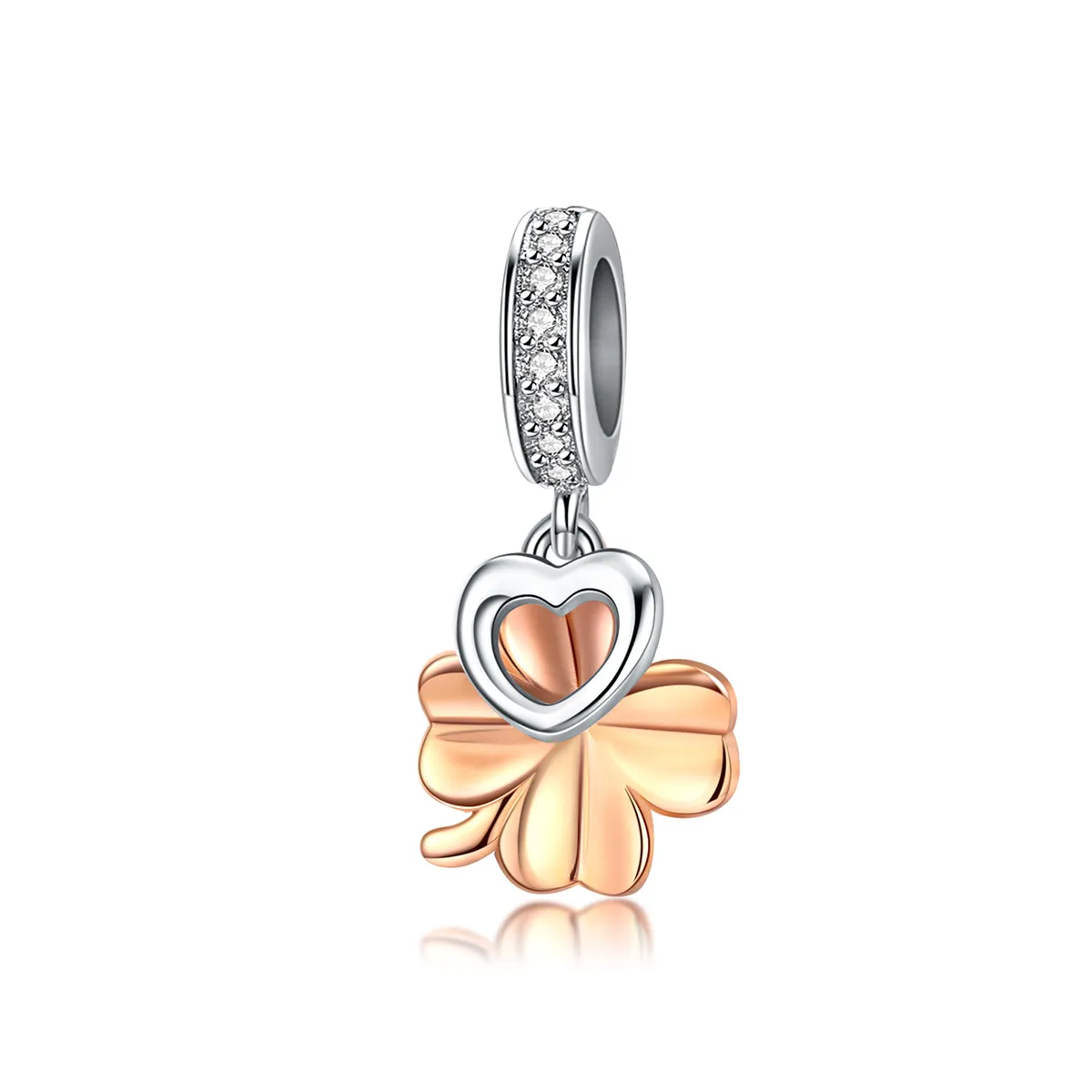 Pandora Style Silver & Rose Gold Four-Leaf Clover Dangle - SCC1238