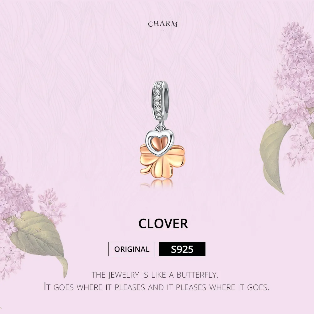 Pandora Style Silver & Rose Gold Four-Leaf Clover Dangle - SCC1238