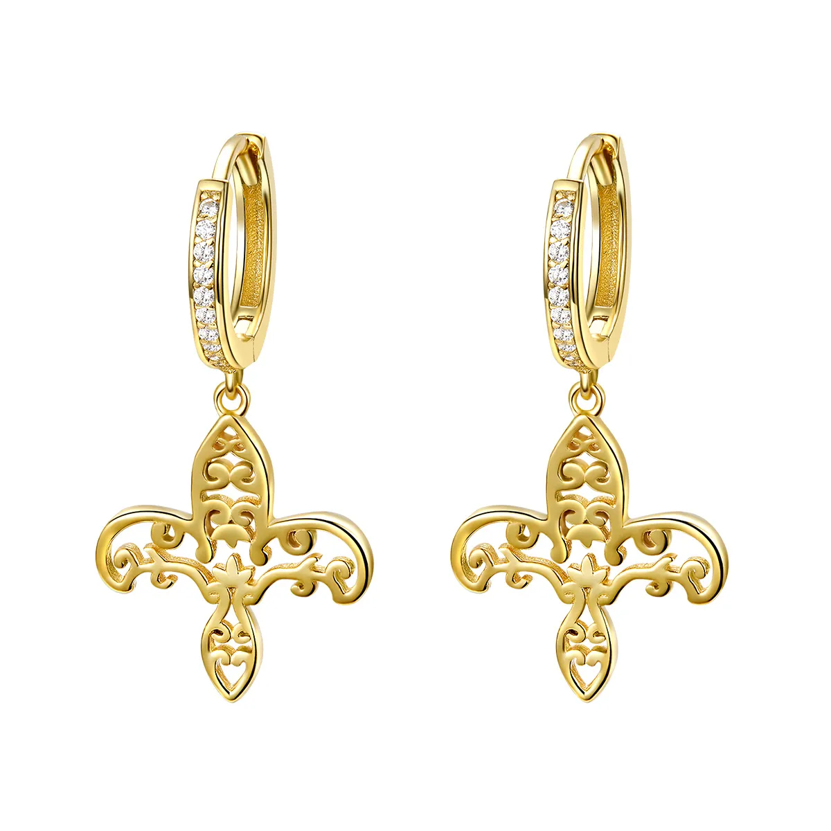 pandora style gold plated iris hanging earrings sce535