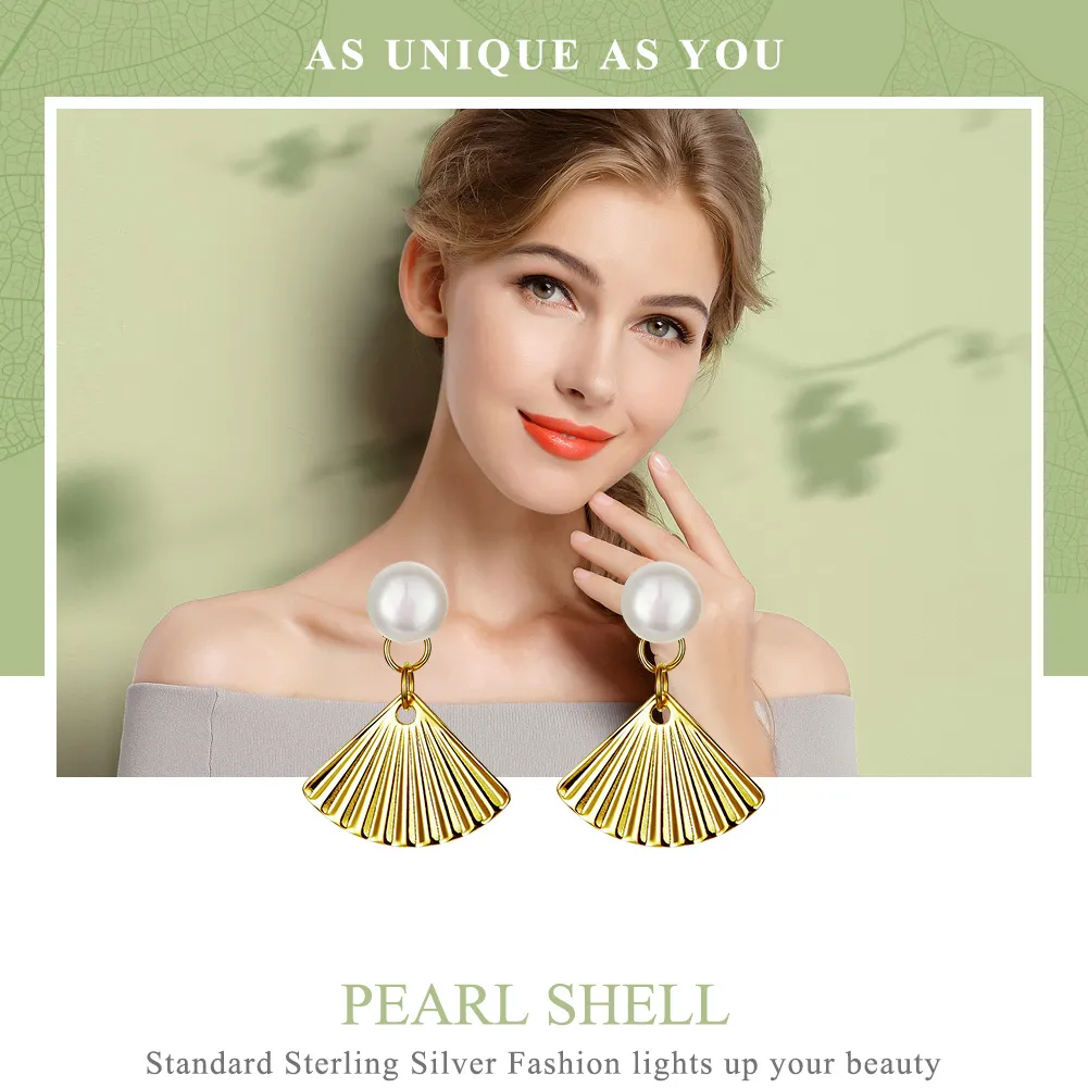 Pandora Style Gold-Plated Shell & Pearl Stud Earrings - SCE596