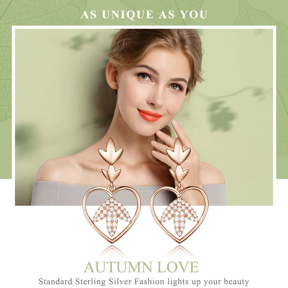 Pandora Style Rose Gold Autumn Love Hanging Earrings - SCE557