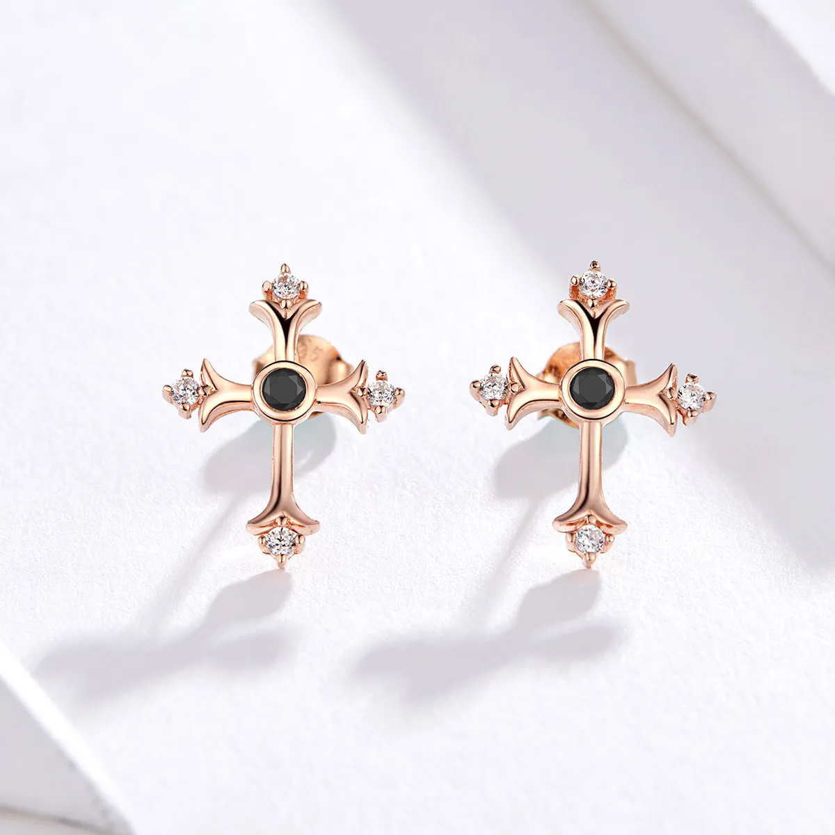 Pandora Style Rose Gold Cross Stud Earrings - SCE613