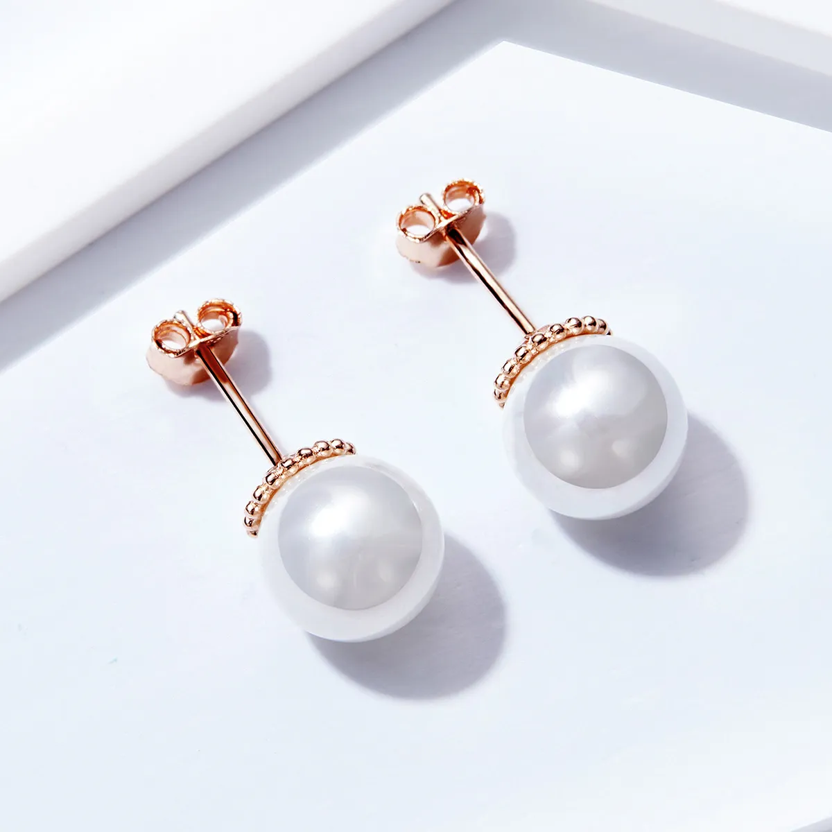 Pandora Style Rose Gold Pearl Stud Earrings - SCE609