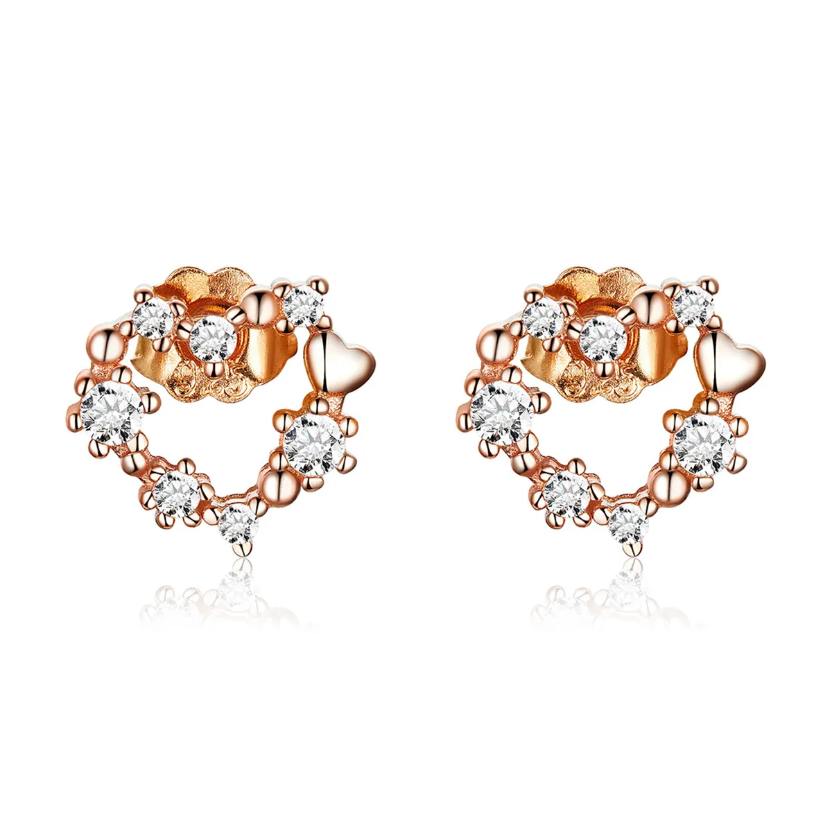 Pandora Style Rose Gold Shining Heart Stud Earrings - SCE575