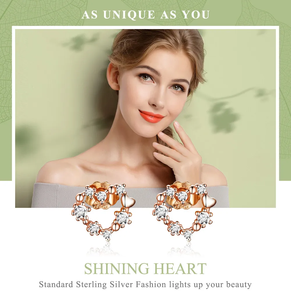 Pandora Style Rose Gold Shining Heart Stud Earrings - SCE575