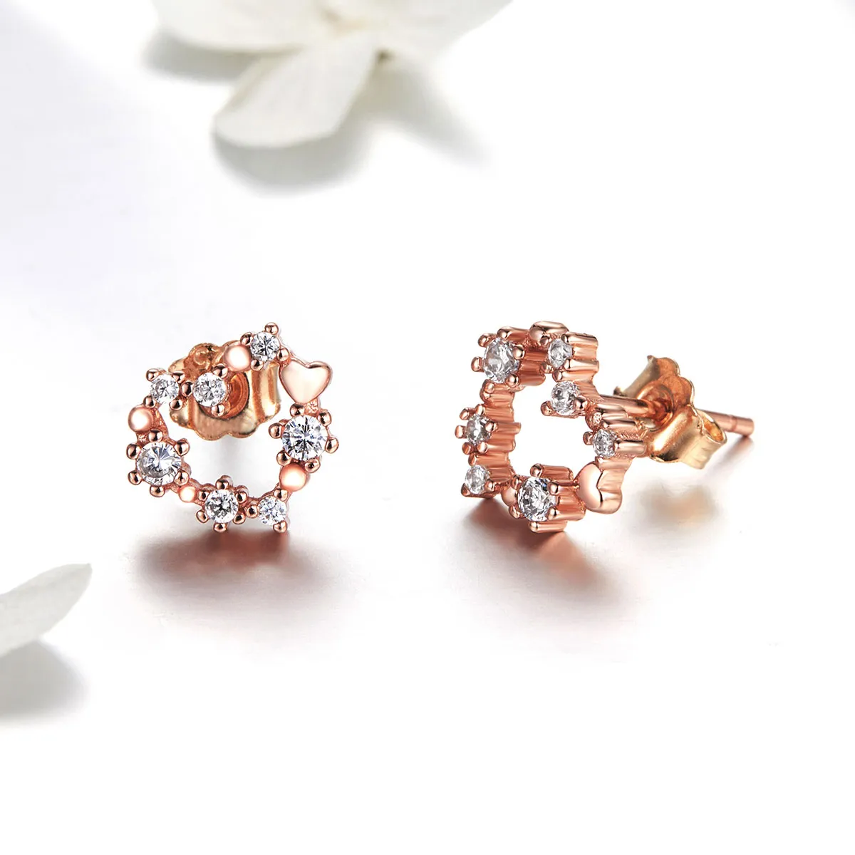 Pandora Style Rose Gold Shining Heart Stud Earrings - SCE575