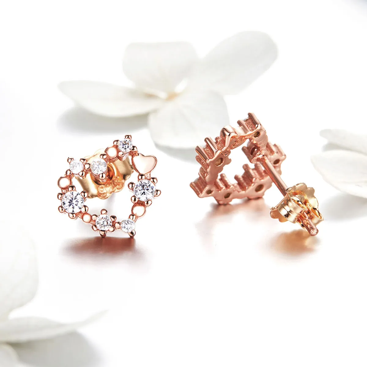 Pandora Style Rose Gold Shining Heart Stud Earrings - SCE575