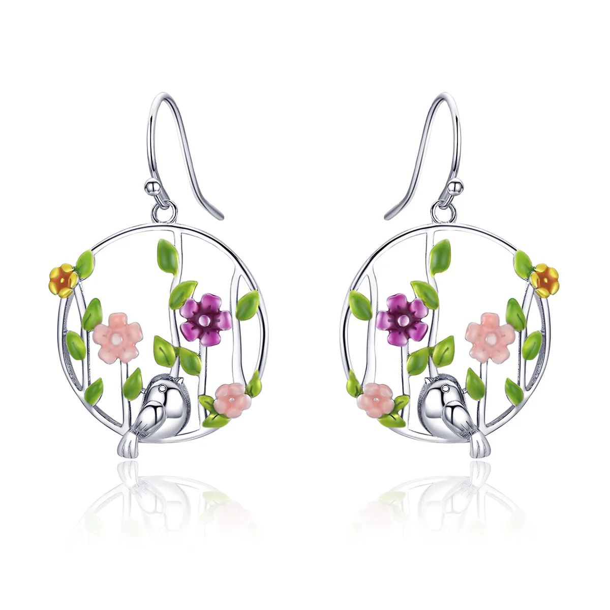 pandora style silver birds blooms hanging earrings sce480