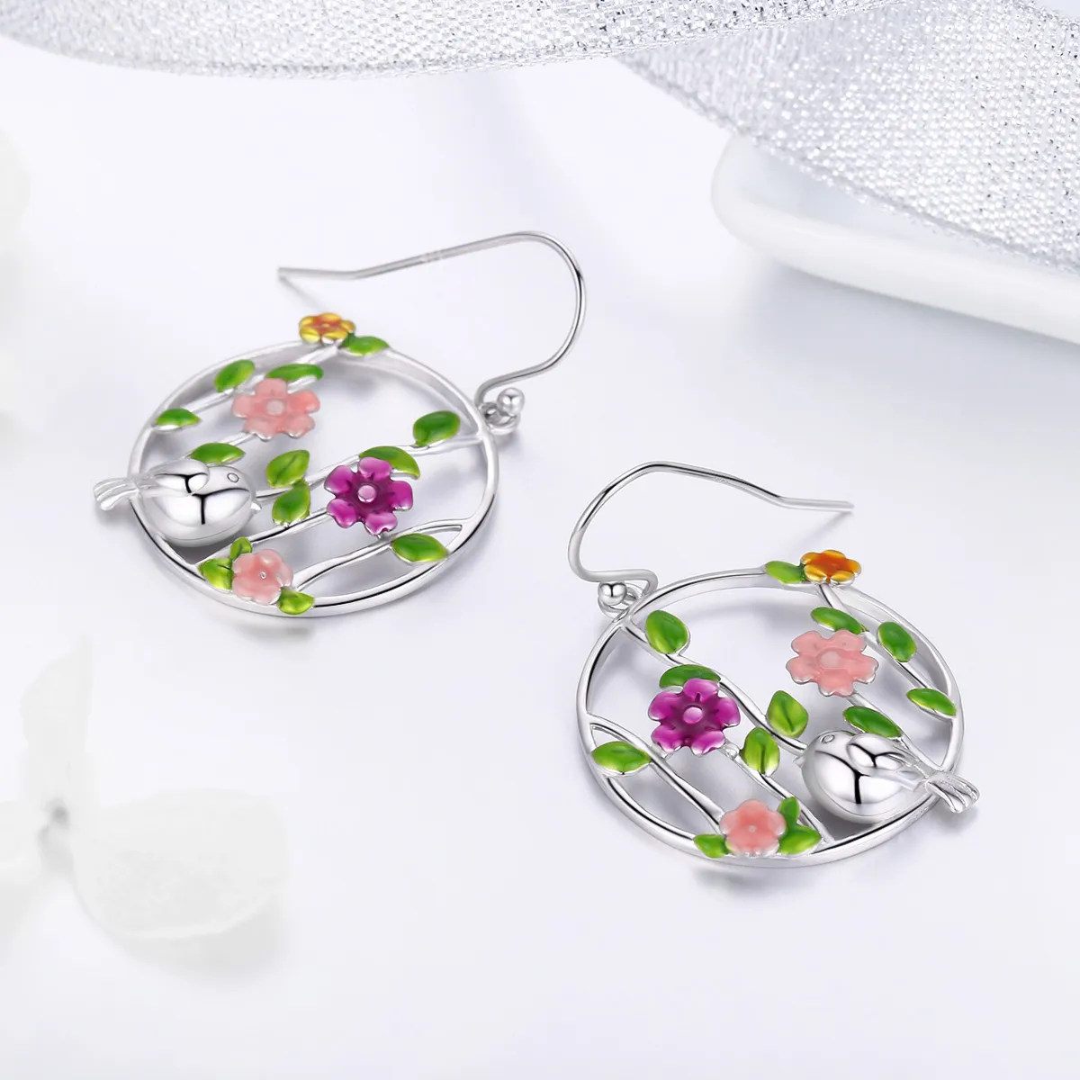 Pandora Style Silver Birds Blooms Hanging Earrings - SCE480