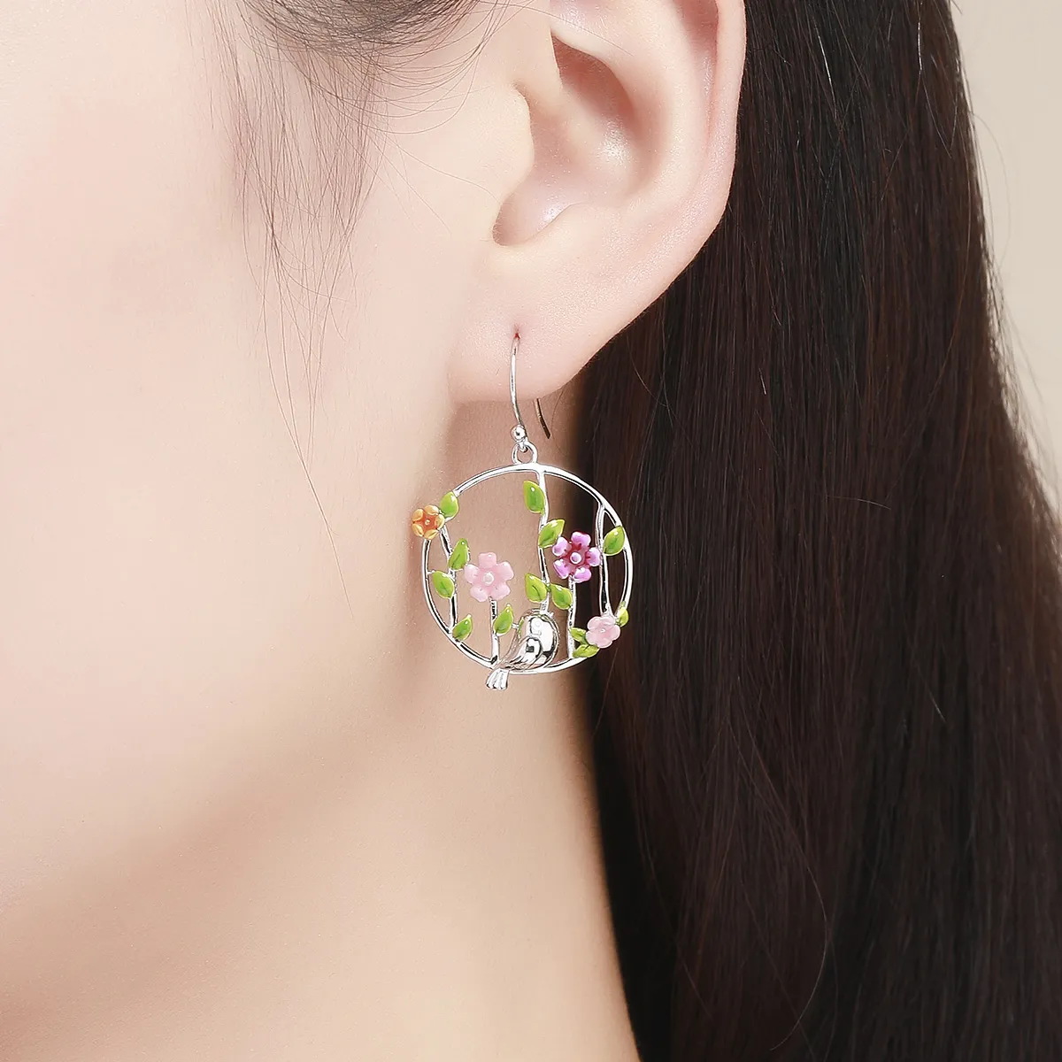 Pandora Style Silver Birds Blooms Hanging Earrings - SCE480