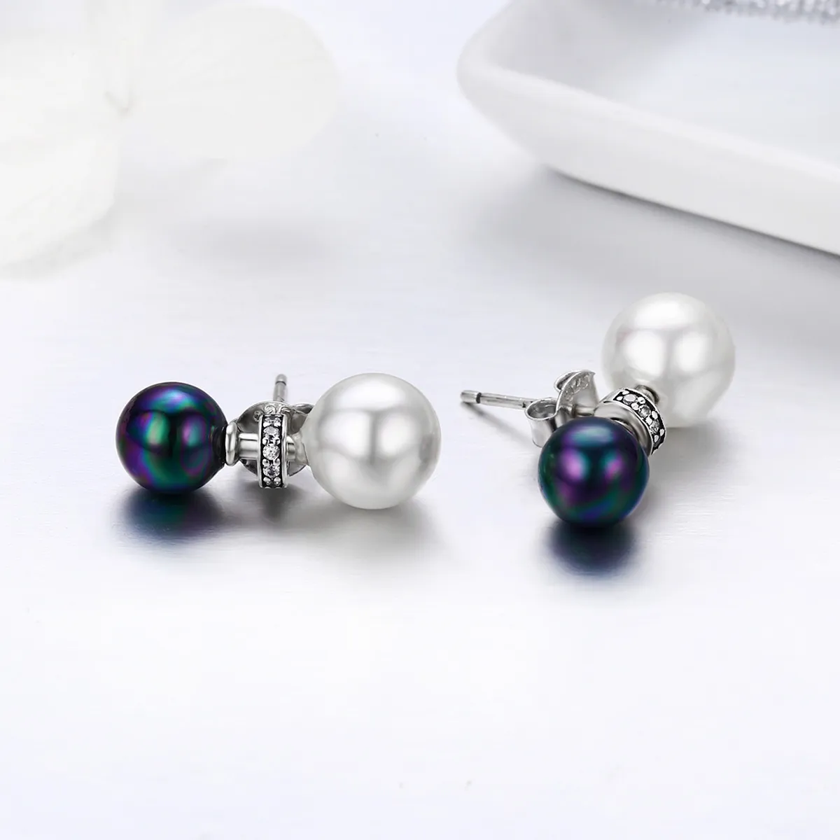 Pandora Style Silver Black and White Impression Hanging Earrings - SCE304
