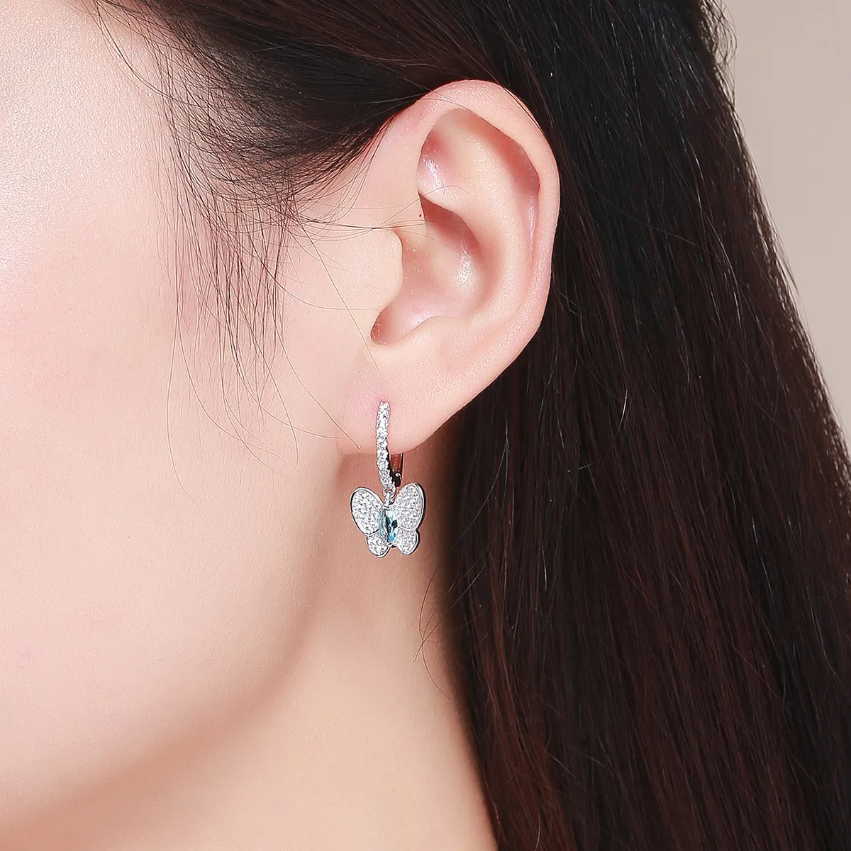 Pandora Style Silver Blue Butterfly Hanging Earrings - SCE513