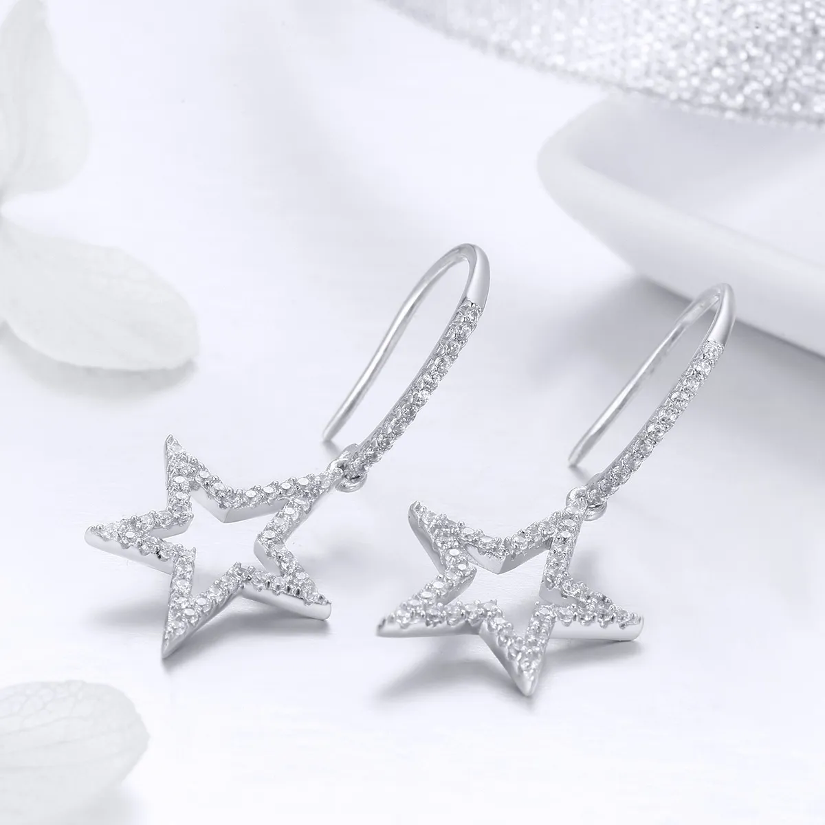 Pandora Style Silver Bright Star Hanging Earrings - SCE434