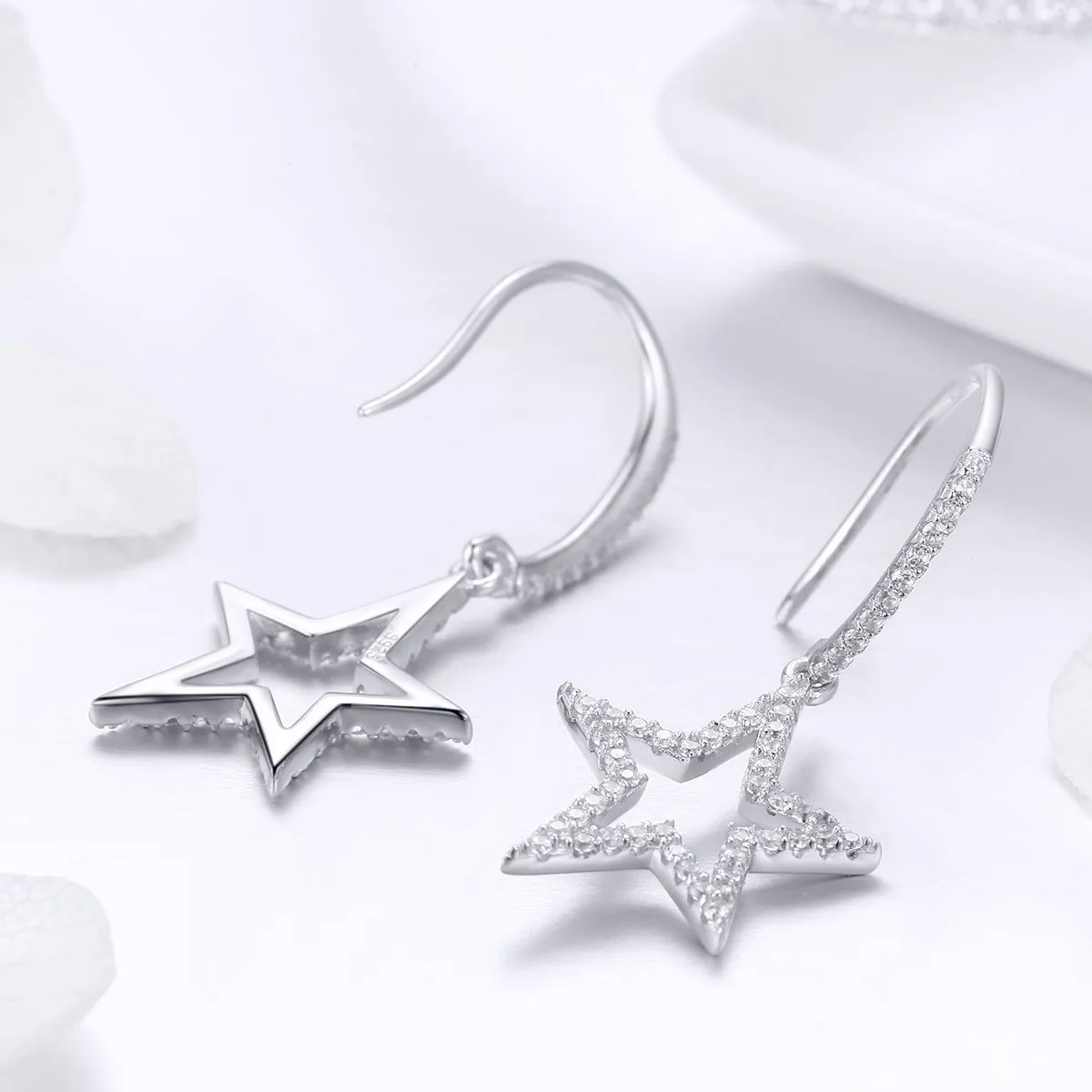 Pandora Style Silver Bright Star Hanging Earrings - SCE434