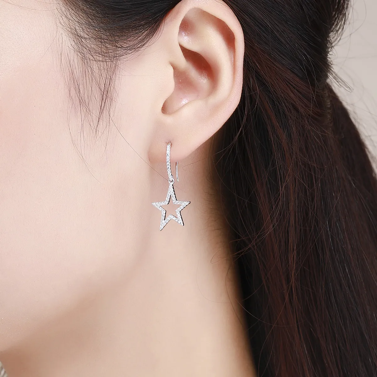 Pandora Style Silver Bright Star Hanging Earrings - SCE434