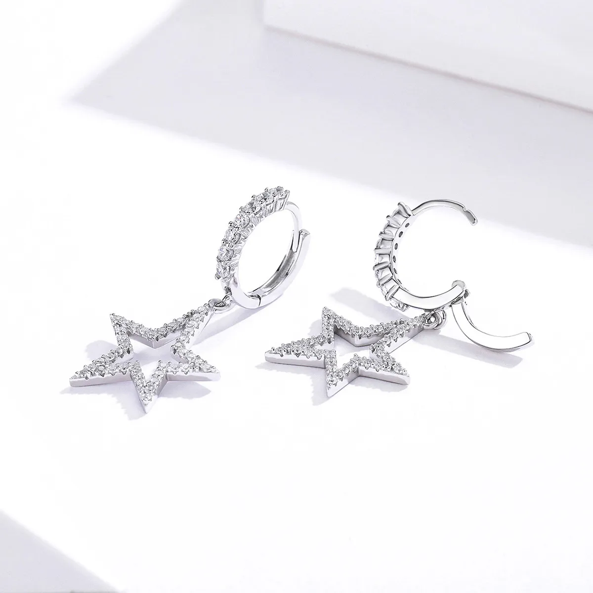 Pandora Style Silver Bright Star Hanging Earrings - SCE593
