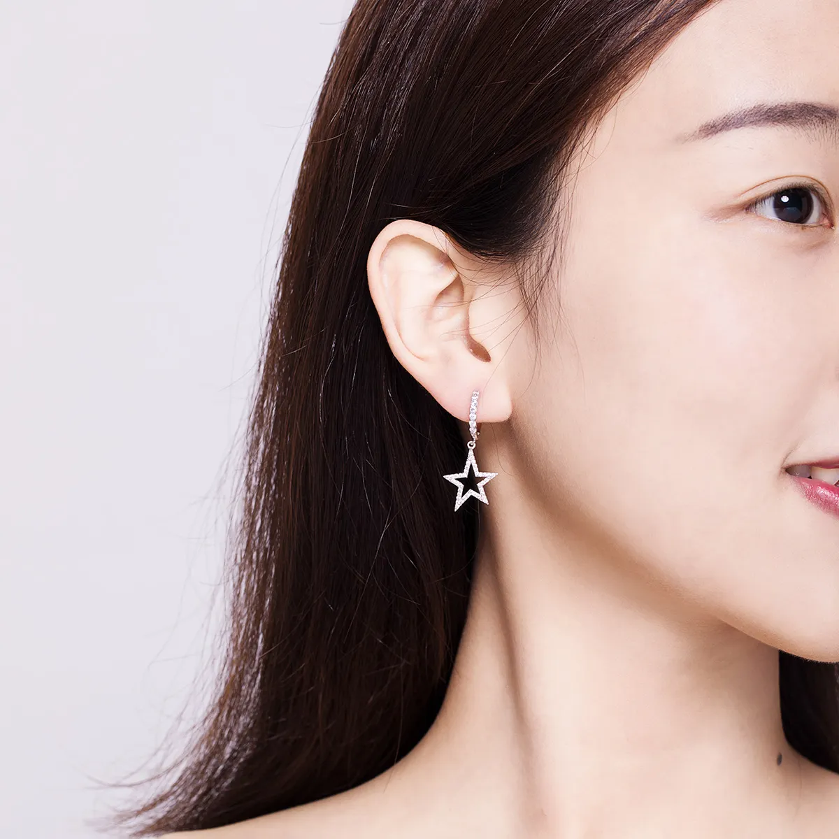 Pandora Style Silver Bright Star Hanging Earrings - SCE593