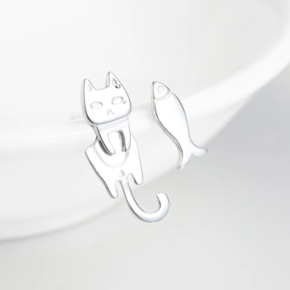 Pandora Style Silver Cat and Fish Stud Earrings - SCE488