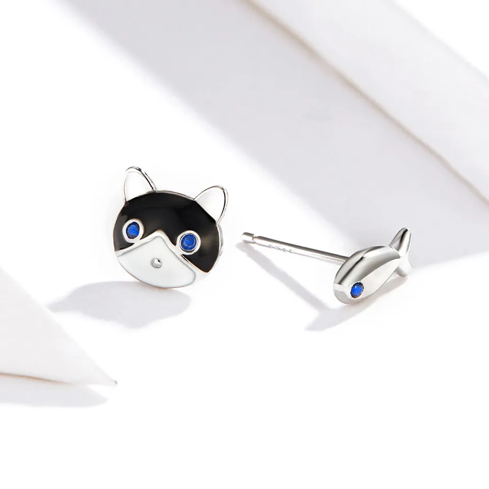 Pandora Style Silver Cat and Fish Stud Earrings - SCE623