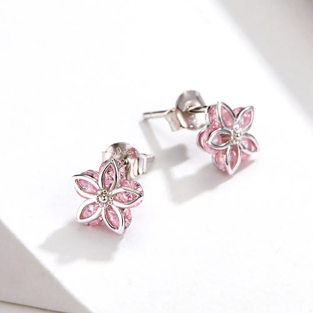 Pandora Style Silver Cherry Blossoms Stud Earrings - SCE644
