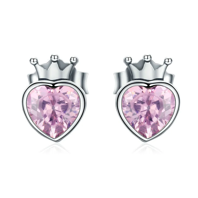 pandora style silver crowning heart stud earrings sce174